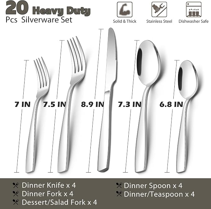 E-far 20 Pcs Heavy Duty Silverware Set for 4, Stainless Steel Flatware Set | Thick Metal Tableware Eating Utensils Include Forks Spoons Knives, Square Edge & Mirror Polished Cutlery, Dishwasher Safe