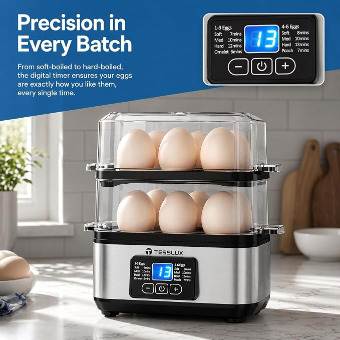 Tesslux Egg Cooker, Dual Layer 12 Egg Boiler, Soft Hard Poached, Silver | LED Countdown Timer, Touch Control, Poaching Bowl, Omelet Maker, Two Trays, Vegetable Steamer, Auto Shut-Off, Buzzer Alert