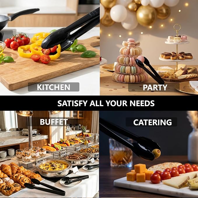 24 Pieces Plastic Serving Tongs, Scalloped Grip Disposable Salad Tongs, 9" Heavy-Duty Serving Utensils, BPA-Free, Perfect for Buffets, BBQ, Parties & Catering Ice Food, Black