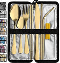 VANDBAO Camping Utensils Set, Portable Travel Utensils with Case for Fixing Tableware, Reusable Stainless Steel Stable Cutlery Set, Lunch Picnic Flatware Silverware (Gold Set)