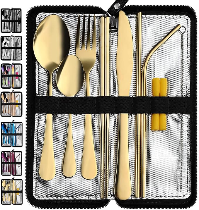 VANDBAO Camping Utensils Set, Portable Travel Utensils with Case for Fixing Tableware, Reusable Stainless Steel Stable Cutlery Set, Lunch Picnic Flatware Silverware (Gold Set)