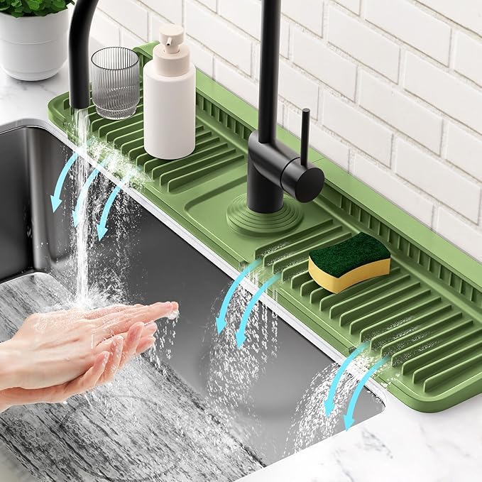 24'' Longer Faucet Mat for Kitchen Sink Splash Guard[7° Slope Fast Self-draining][Snap Lock Fit]Kitchen Sink Faucet Mat Splash Guard Kitchen Sink Area Water Splash Guard Behind Faucet Draining Mat