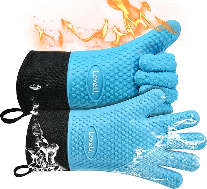 Silicone Oven Mitts Gloves - Heat Resistant, Non-Slip for BBQ, Grilling | 450°F Double-Layer｜Waterproof Kitchen Cooking Barbecue Mittens ｜5 Finger Hot Mitt for Baking, Smoker& Cast Iron(XL-XXXL)