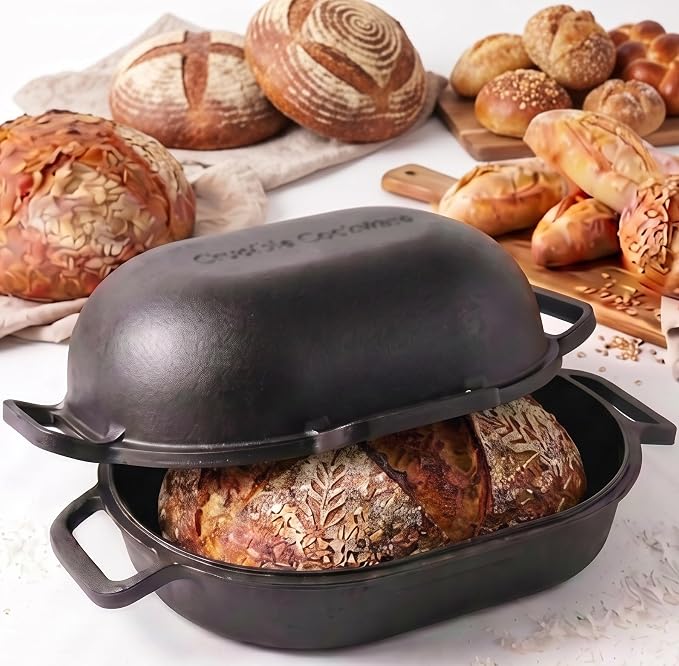 Crucible Cookware Extra Large Cast Iron Artisan Bread Pan 6 Loop Handles Deep Lid for Steam Baking - Sourdough Bread Oven, Covered Loaf Baker
