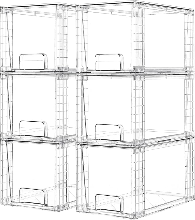 Vtopmart 6 Pack Large Stackable Storage Drawers | Easily Assemble Acrylic, Bathroom Closet Undersink Organizers, Plastic Bins for Kitchen Cabinets, Pantry, Makeup, Medicine