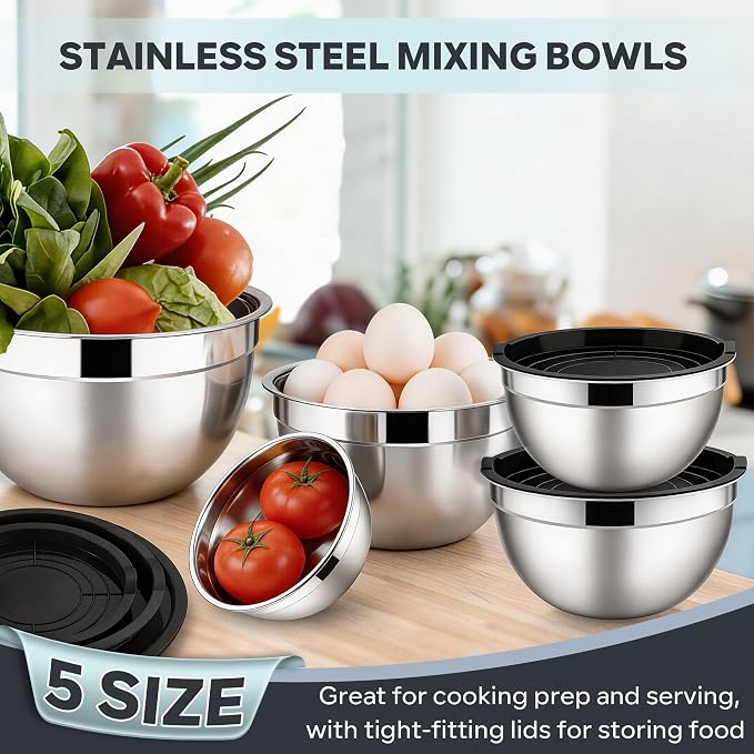 E-far Mixing Bowls with Lids Set, Stainless Steel Cooking Salad Bowl, Black | 10-Piece Metal Nesting Bowls with Airtight Lid for Kitchen Storage, Baking & Prepping, Dishwasher Safe, 0.7/1.5/2.1/3/4.6 QT