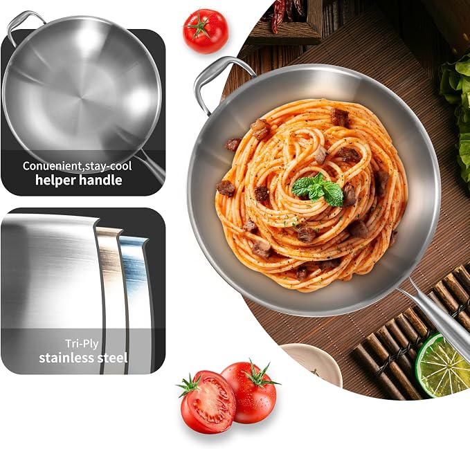 LOLYKITCH 14.5 Inch Stir-Frying Wok Pan with Steel Lid | Tri-Ply Stainless Steel | Induction Cooking Wok Pan | Dishwasher and Oven Safe | Heavy Duty | Detachable Handle