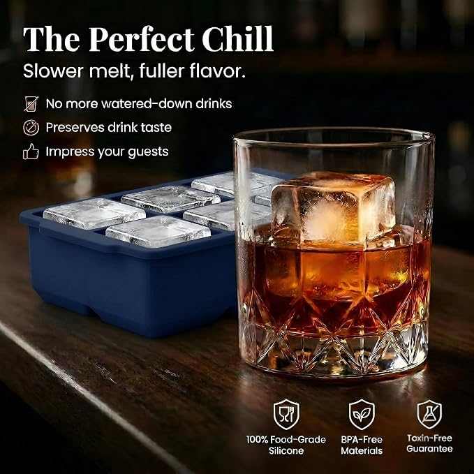 KitchFort® Large Silicone Ice Cube Tray (3-Pack) - 2" Big Ice Mold with Lid | Easy Release, Cocktail, Whiskey Ice Cubes Mold - Food Grade - Ice Cube Trays for Freezer - Stackable Silicone Ice Tray