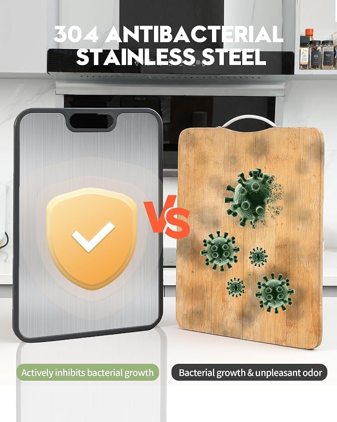 Stainless Steel Cutting Board for Kitchen, Non Toxic Double Sided Cutting Board, Food Grade Pure Stainless Steel & Wheat Straw PP, Meat & Vegetable Chopping Boards, Scratch Resistant, Large 16”×11”