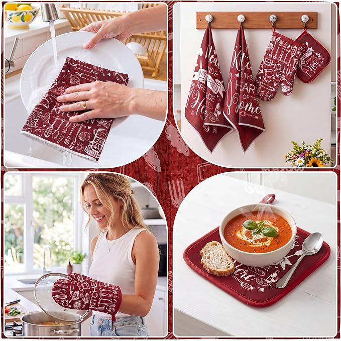 Fourluoo 10 Pcs Red Kitchen Decor and Accessories Oven Mitts and Pot Holders Sets Red and White Dish Towels Farmhouse Kitchen Rugs Mats for Home Baking Cooking Birthday Summer Decorations Women Gifts