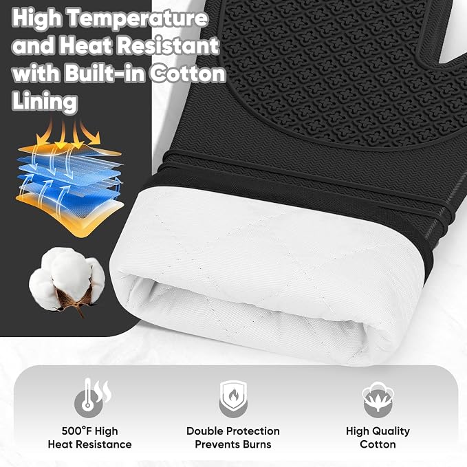 Silicone Oven Mitts, Heat Resistant Oven Gloves with Quilted Liner, Waterproof & Non-Slip Kitchen Mittens for Baking Cooking BBQ, 500°F, 12.5"-Black
