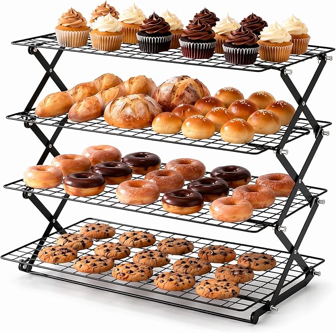 4-Tier Foldable Cooling Rack, Cooling Racks for Cooking and Baking, Baking Rack & Bread Rack for Cookies, Cakes, Breads, Space-Saving Design. (Black, 4-Tier)