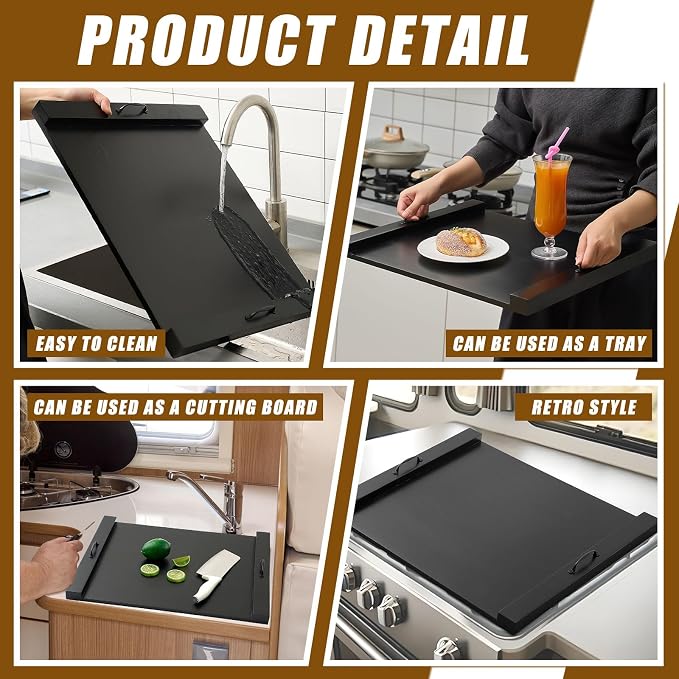 Rv Stove Top Cover Board Wood Noodle Board Camper Stove Top Cover Countertop Cutting with 5 Pcs Adjustable Non-slip Rubber Feet Leg Juice Groove for Trailer Gas Burner Kitchen(Black)