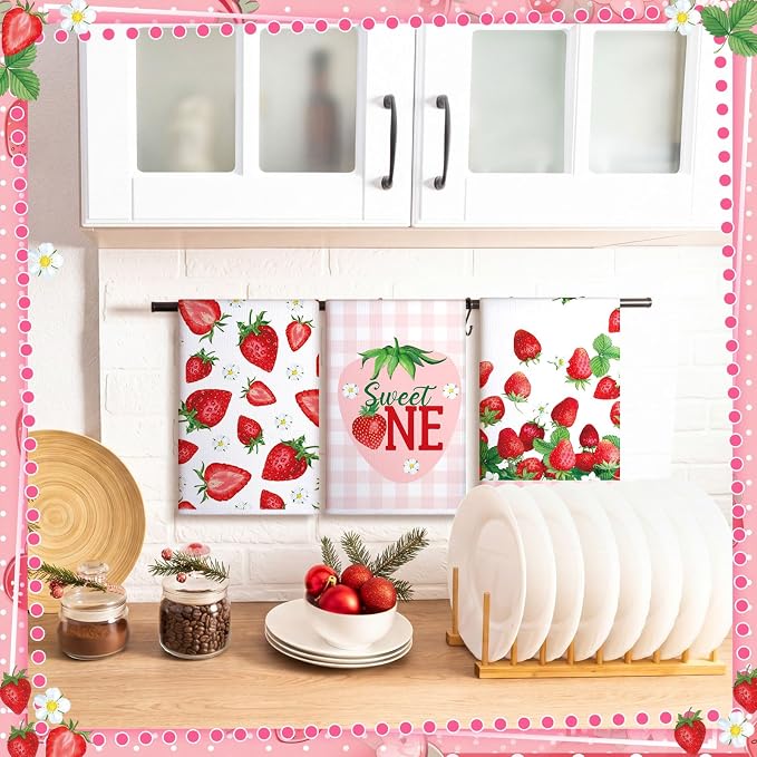 4 Pcs Strawberry Kitchen Towels Summer Berry Hand Dish Towels Absorbent White Pink Grid Tea Towel Fast Drying Housewarming Gift for Kitchen Bathroom Holiday Summer Strawberry Party Decor