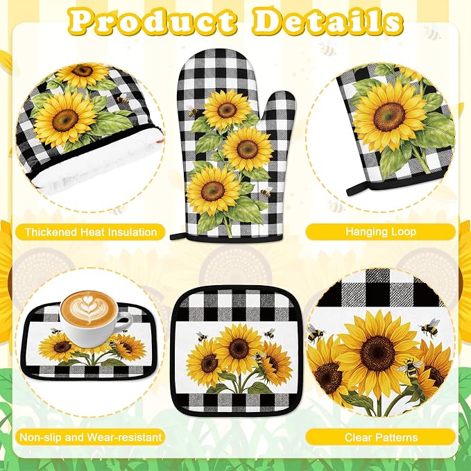 Tieshankao 10Pcs Sunflower Kitchen Decor Accessories Set | Black Checkered Sunflower Theme, Kitchen Towels, Oven Mitts, Pot Holders, Rugs and Mats, Baking Supplies, Housewarming Gifts