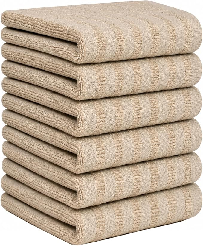 Premium Kitchen Towels 6 Pack 100% Cotton, 20"x28" - Tan Solid | Large 450 GSM Terry Dish Towel, Kitchen Hand Towels with Hanging Loop, Highly Absorbent for Washing and Drying Dishes