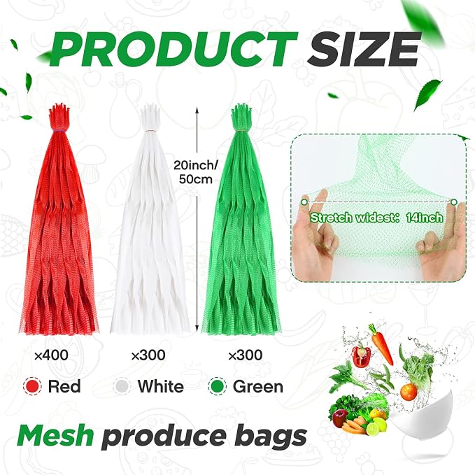 Windyun 1000 Pcs 20 Inch Mesh Bags for Vegetables Mesh Produce Bag Reusable Nylon Netting Bulk, Fits Storage Egg Vegetable Seafood Fruits Grocery (Red, Green, White)