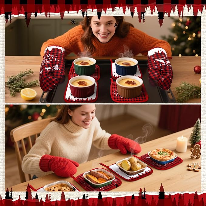 SiliFine 12 Pcs Christmas Buffalo Plaid Kitchen Accessories Set Red Black Check Pot Holders Reindeer Oven Mitts Xmas Tree Kitchen Towels for Christmas Home Decorations, Cooking Baking Holiday Gifts