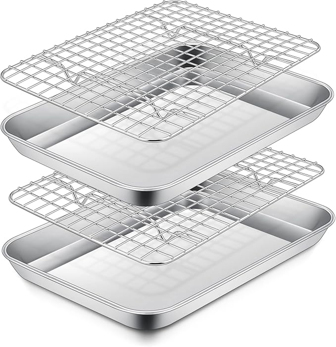 P&P CHEF 9 Inch Toaster Oven Pan Tray with Wire Rack, 4 PCS | Baking Sheet Pan + Cooling Rack for Cooking/Roasting, Dishwasher Safe & Rust Free, Non-toxic & Sturdy