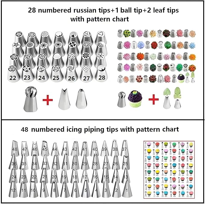 Russian Piping Tips Set, 193 Pcs Baking Supplies | 28 Numbered Russian Tips, 48 Numbered Icing Tips, 1 Ball Tip, 2 Leaf Tips, 100 Pastry Bags & More for Cake Cupcake Decorating