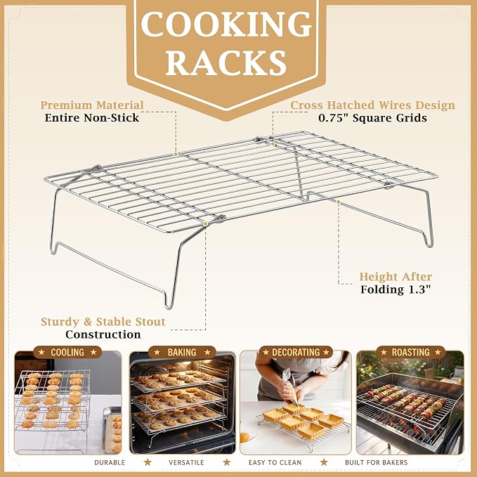 LIANYU Cooling Rack 15"x10", 3-Tier Stackable & Collapsible Cooling Racks | Stainless Steel Wire Baking Racks Fits Jelly Roll Pan, Great for Cooking, Baking, Roasting, Grilling, Oven & Dishwasher Safe