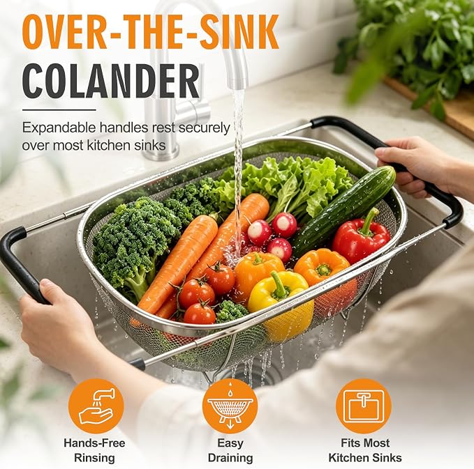 Palksky Over the Sink Colander, Stainless Steel Fine Mesh, 6 Quart 2 Pack | Expandable handles fit most sinks; fine mesh drains pasta, rice & produce
