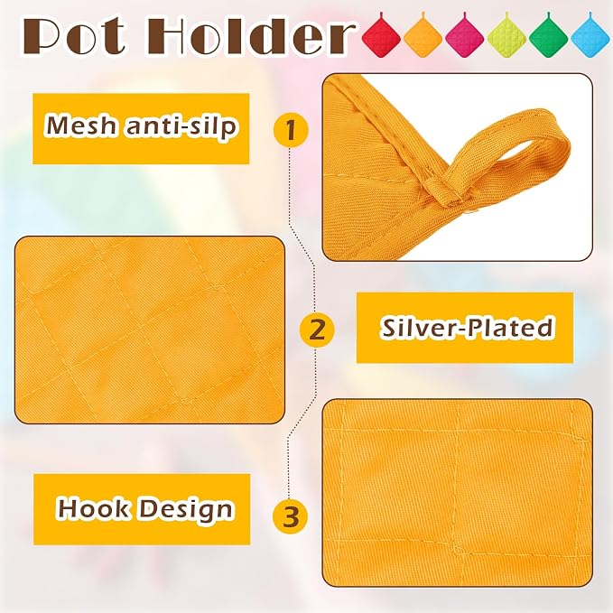 Bokon 12 Pcs Pot Holders for Kitchen, Multicolor Potholders Sets, Heat Resistant Cotton Hot Pad Oven Mitts Trivet with Hanging Loops for Baking Cooking