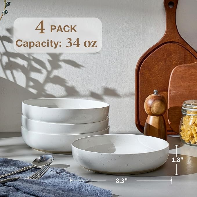 Gencywe 8.3" Pasta Bowls Set of 4, 34 oz Ceramic Salad Bowls, White Serving Plate, Wide and Shallow Bowl for for Fruits, Noodle, Dinner, Housewarming Wedding Christmas Dishwasher and Microwave Safe