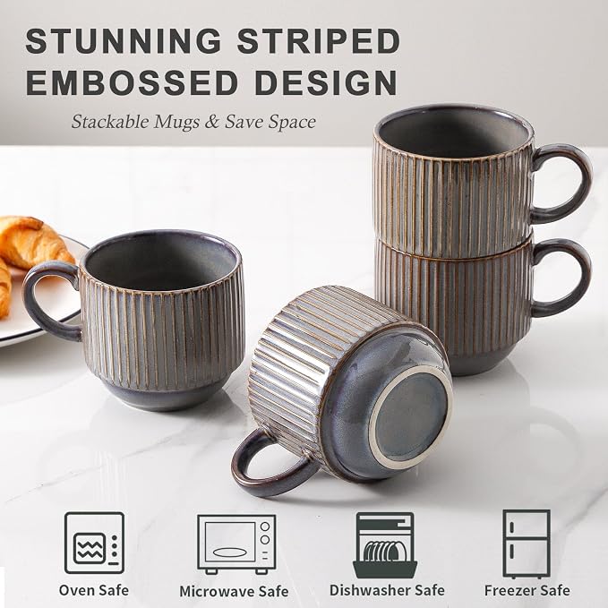 HASENSE Porcealin Coffee Mugs, Stackable Coffee Cups Set of 4 with Stand - 15 oz Large Ceramic Ribbed Latte Cup Set for Cappuccino, Tea, Hot Cocoa, Drinks - Dishwasher & Microwave Safe, Brown