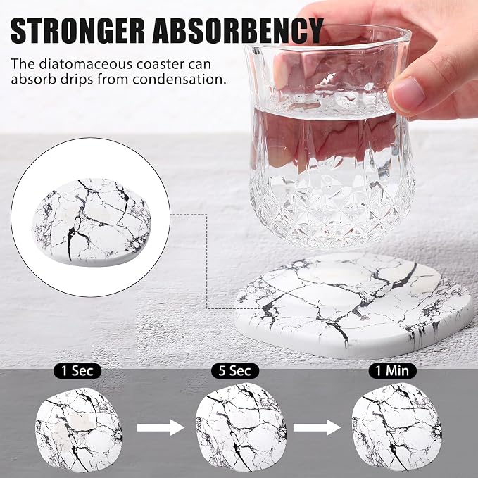 Diatomaceous Earth Coasters Set of 8，Cool Absorbent Quick-Dry Drink Coasters for Desks, Cute Modern Stone Design with Stylish Grey Aesthetic (8, Marble White)