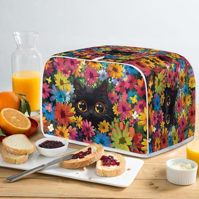 Cat Floral Print Toaster Cover 4 Slice Long Slot, Non Slip Bread Toaster Covers Dust Protection Small Appliance Covers