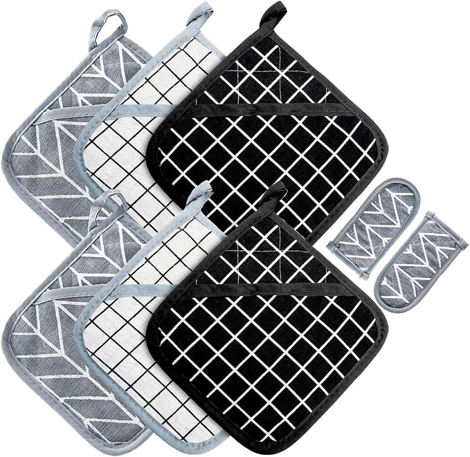 Heat Resistant Potholders Hot Pads-6 Kitchen Pot Holders Set with 2 Pan Hot Handle Holders Trivet for Cooking and Baking,with Recycled Cotton Infill Terrycloth Lining (BlackGreyWhite, 6+2)