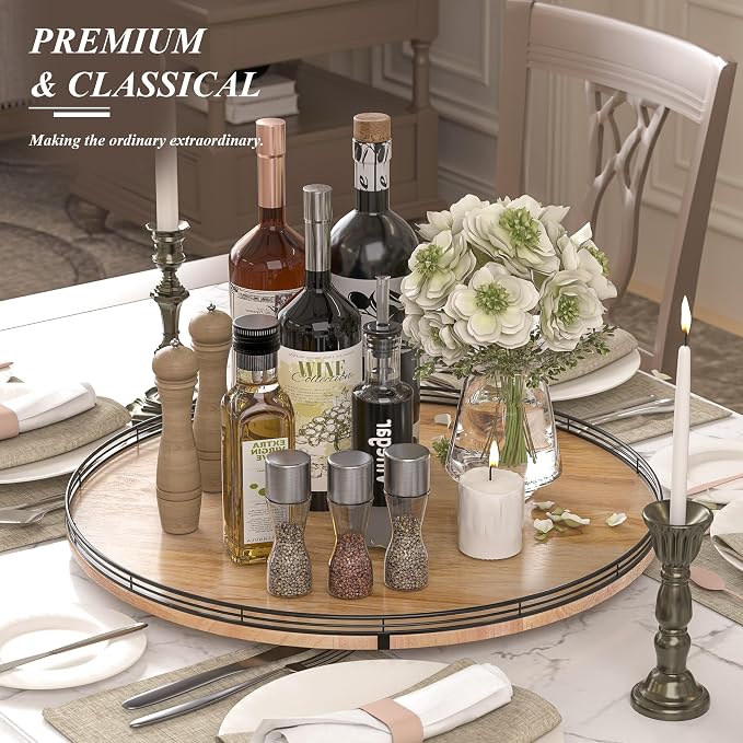 AMH 24-Inch Extra Large Farmhouse Oak Lazy Susan Organizer | Smooth rotating oak tray with walnut finish for dining tables, kitchen counters, pantries and cabinet storage.