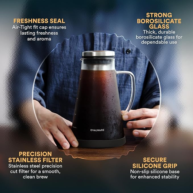 OVALWARE Airtight Cold Brew Coffee Maker with Tea Infuser & Spout 1.0L/34oz | Borosilicate Cold Brew Coffee & Iced Tea Maker with Removable Strainer & Spout | Ideal for Home Baristas & Tea Enthusiasts