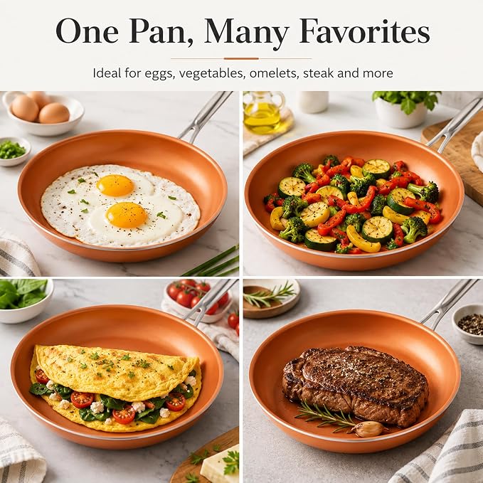 Toutrop Nonstick Copper Frying Pan, Chef Skillet with Ceramic Coating, Oven Dishwasher Safe, Induction Skillet for All Stoves, PFOA Free,Brass,8 inch