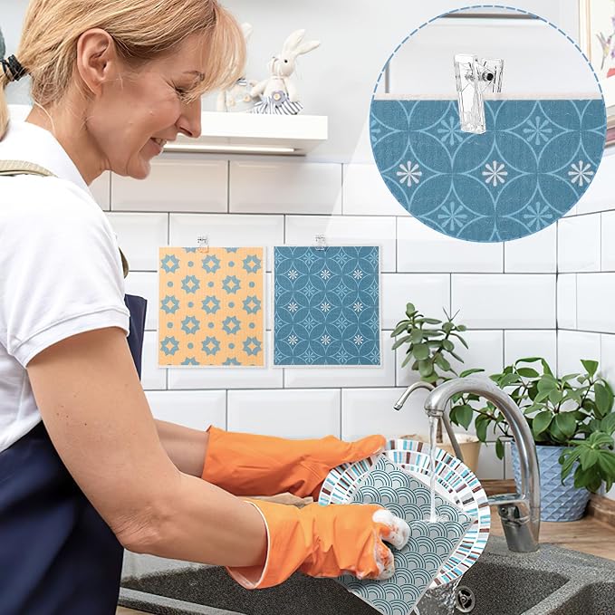 6 Pack Swedish Dishcloths for Kitchen, Geometric Pattern Swedish Rags | Dish Towels with Clips, Reusable Paper Towels Washable Absorbent for Home Housewarming Cleaning Gifts for Hostess