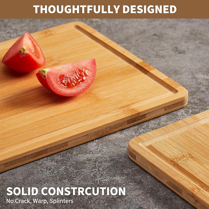 GarveeHome Bamboo Wood Cutting Boards Set of 3 with Compartments – Chopping Boards for Kitchen with Inner Handles and Juice Grooves, Ideal Serving Tray and Butcher Block for Meat, Vegetables