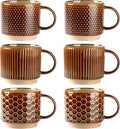 GBhome 12 OZ Stackable Coffee Mugs Set of 6, Ceramic Coffee Cups Set | 3 Assorted Designs, Embossed Mugs with Texture Patterns for Tea/Coffee, Dishwasher&Microwave Safe, Caramel