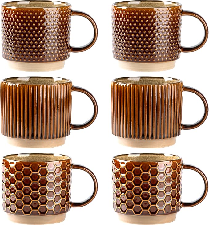 GBhome 12 OZ Stackable Coffee Mugs Set of 6, Ceramic Coffee Cups Set | 3 Assorted Designs, Embossed Mugs with Texture Patterns for Tea/Coffee, Dishwasher&Microwave Safe, Caramel