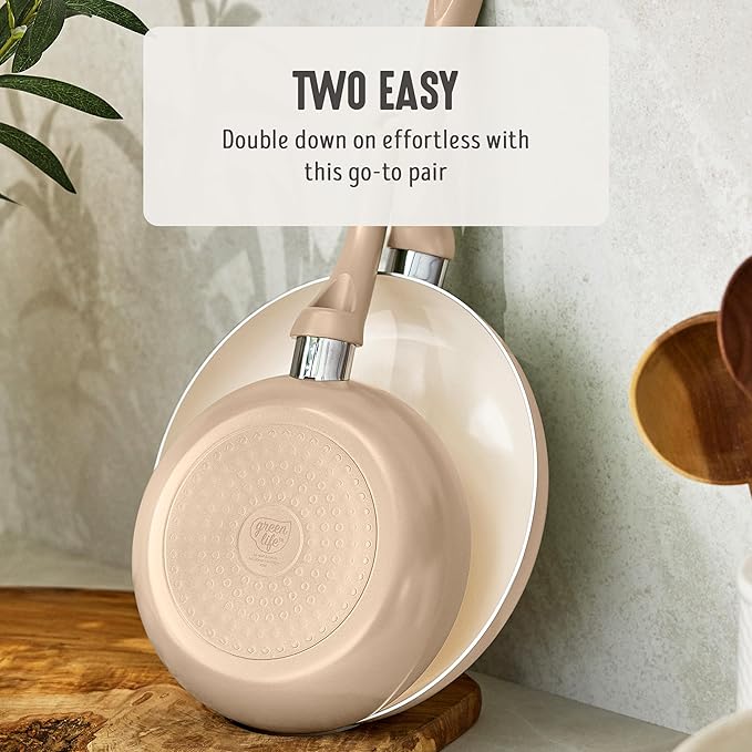 GreenLife 2 Piece (8" & 10") Ceramic Nonstick Skillet Set, Beige Taupe | PFAS-Free Nonstick Coating, Frying Pans, Omelet Pans, Everyday Pan, Induction Ready, All Stovetop Compatible, Dishwasher Safe