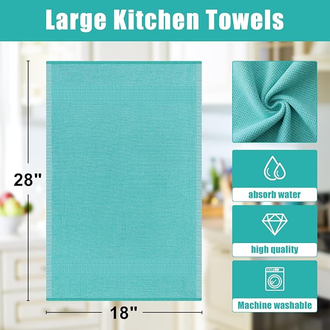 Homaxy 380 GSM Cotton Premium Kitchen Towels 8 Pack, 18"x 28", Teal | Flat and Terry Dish Towels, Highly Absorbent Tea Towel Set with Hanging Loop, Soft Utility Kitchen Hand Towels