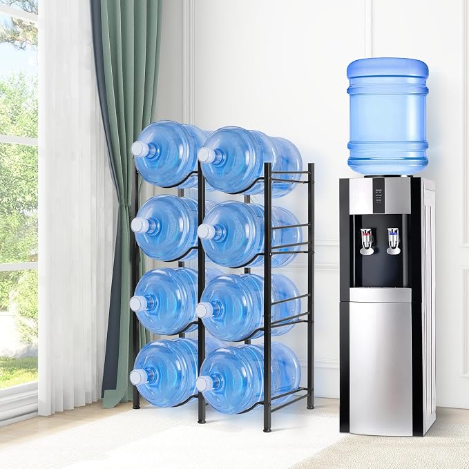 Klvied 5 Gal Heavy Duty Jug Rack, 8 Slot Double Row | Steel frame, built-in lifter, holds 8 bottles, for kitchen office gym garage