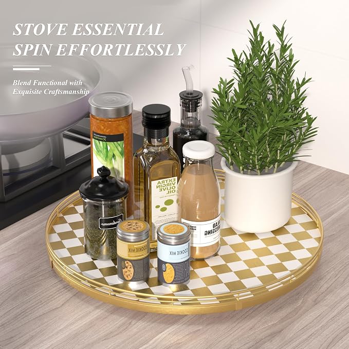 Gold and White Checkerboard Lazy Susan with Rubberwood Base and Metal Rail | Smooth rotating oak tray with walnut finish for dining tables, kitchen counters, pantries and cabinet storage.