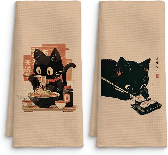 Funny Black Cat Kitchen Towels Set of 2, Sushi Cat Lover Gifts Dish Towels, Japanese Ramen Noodles Sushi Black Kitty Decorative Hand Towels 16x24 Inch