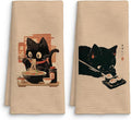 Funny Black Cat Kitchen Towels Set of 2, Sushi Cat Lover Gifts Dish Towels, Japanese Ramen Noodles Sushi Black Kitty Decorative Hand Towels 16x24 Inch