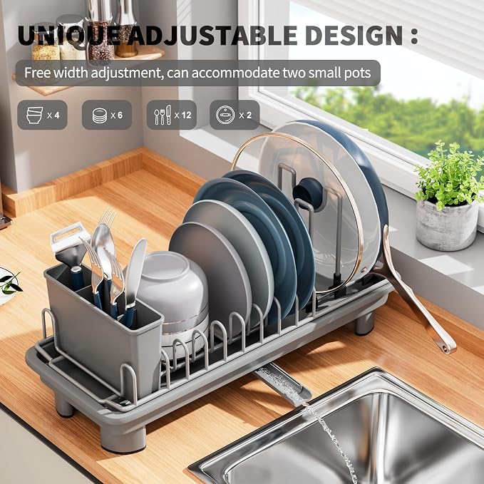Small Dish Drying Rack, Stainless Steel with Drain Board & Utensil Holder | Anti-Scratch Base, Space Saving Design for Kitchen Counter, Grey
