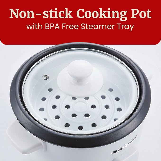 Elite Gourmet ERC003NSTX Rice Cooker & Food Steamer, Non-Stick Pot, White | Keep Warm - Glass Lid - Steam Tray Included - One-Touch Cooking - Includes Measuring Cup and Rice Scoop