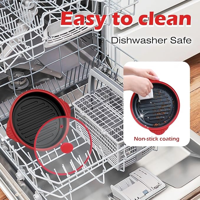 Microwave Grill Pan with Glass Splatter Cover（BPA Free） | Nonstick Microwave Crisper Pan & Cookware Accessories for Grilling Meat, Sandwich, Chicken Wings, Sausage,Dishwasher Safe