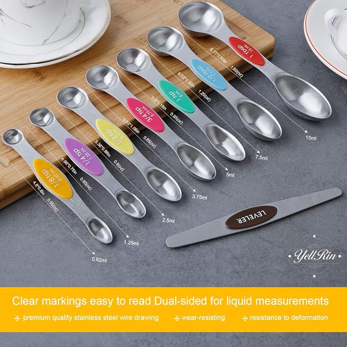 Magnetic Measuring Spoons Set Stainless Steel Dual Sided Measuring Spoons | Stackable Teaspoons Tablespoons for Measuring Dry and Liquid Ingredients