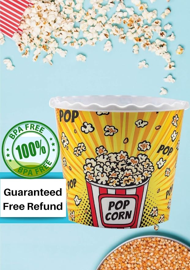 Modern Style Reusable Plastic Popcorn Containers / Popcorn Bowls Set for Movie Theater Night - Washable in the Dishwasher - (BPA Free-4 Pack) (Color: Yellow, Brown, Red/White and Blue Popcorn Boxes)